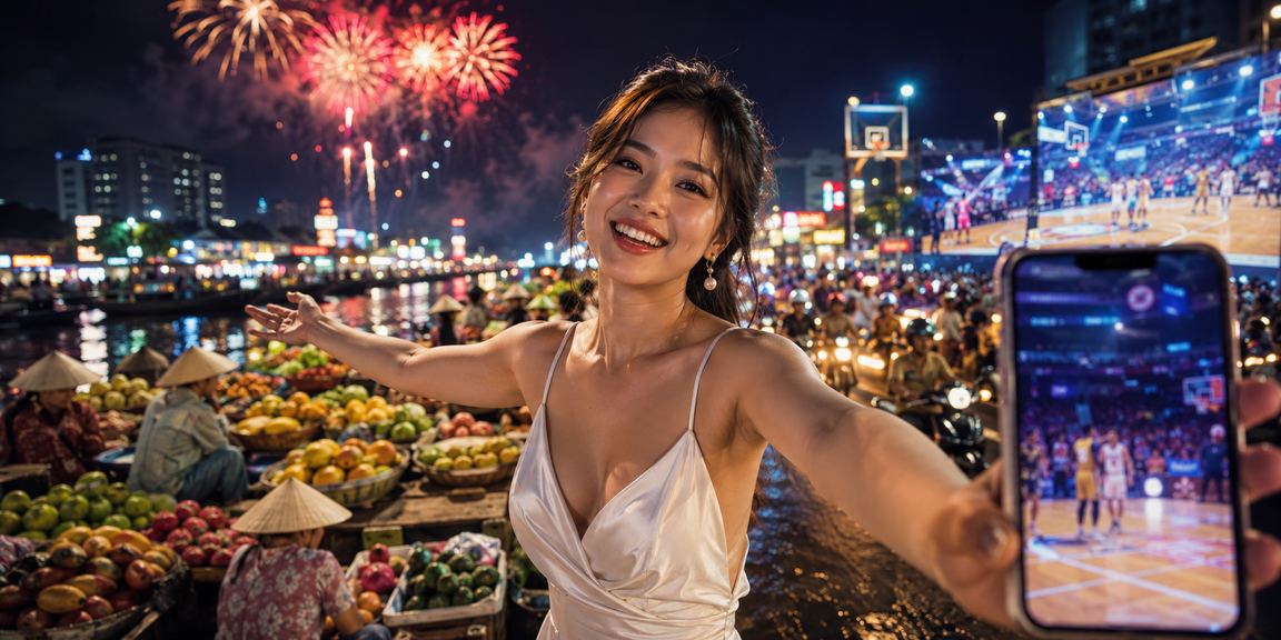 Người xem bóng rổ tại vùng Mekong theo dõi cá cược qua màn hình neon sáng rực